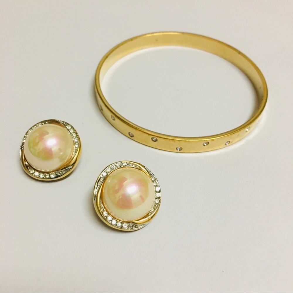 Swarovski Gold Tone Rhinestones Bangle, Faux Pearl Gold Tone Clip-on Earrings